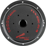Audiopipe 8-inch subwoofer back plate with mounting holes and red Audiopipe logo
