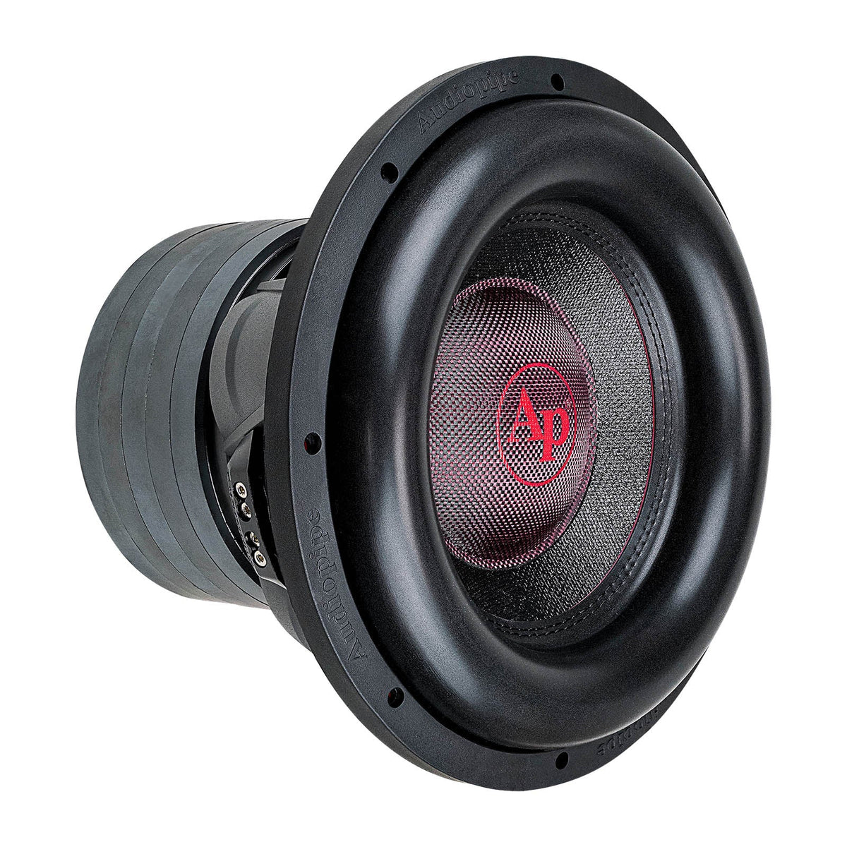 Black 12-inch subwoofer with red woofer logo on dust cap, angled front view