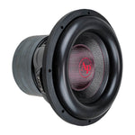 Black 12-inch subwoofer with red woofer logo on dust cap, angled front view