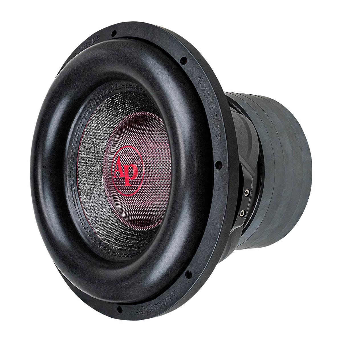 Black 12-inch subwoofer front with red dust cap and screw holes around rim
