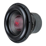 Black 12-inch subwoofer front with red dust cap and screw holes around rim