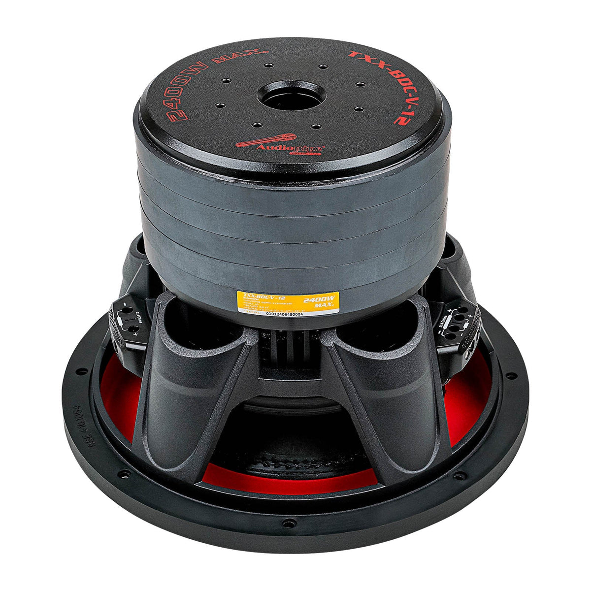 12-inch subwoofer motor assembly with black basket and red surround ring