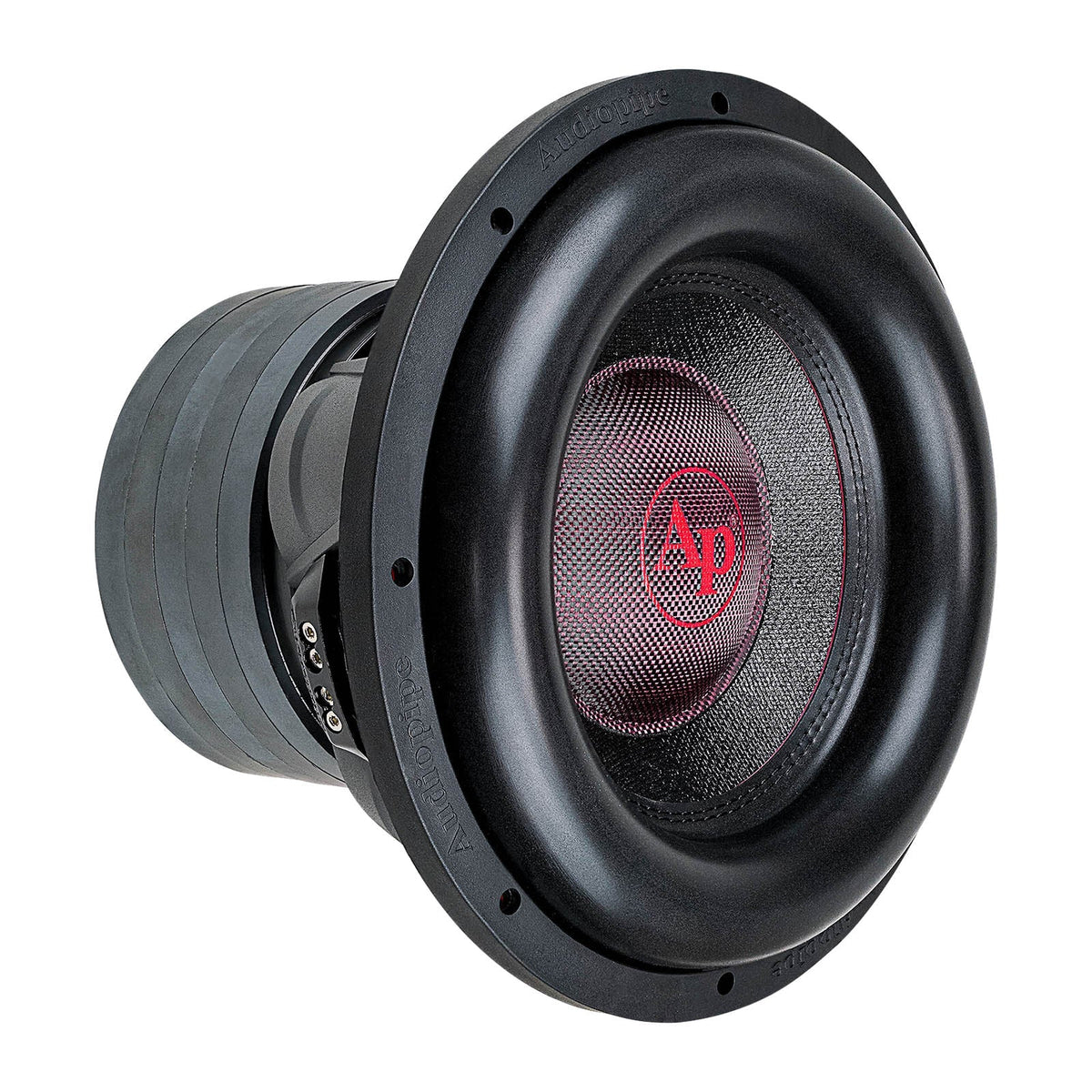 Audiopipe 12-inch dual voice coil subwoofer with black cone and red dust cap