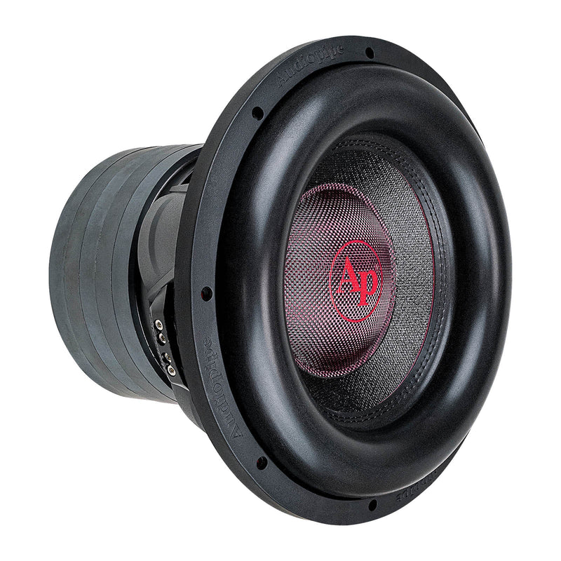 Audiopipe 12-inch dual voice coil subwoofer with black cone and red dust cap