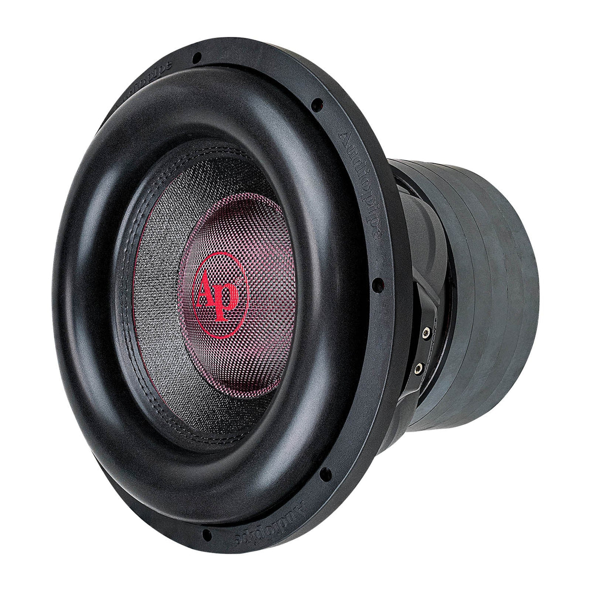 Audiopipe 12-inch subwoofer angled view with black frame and red center logo