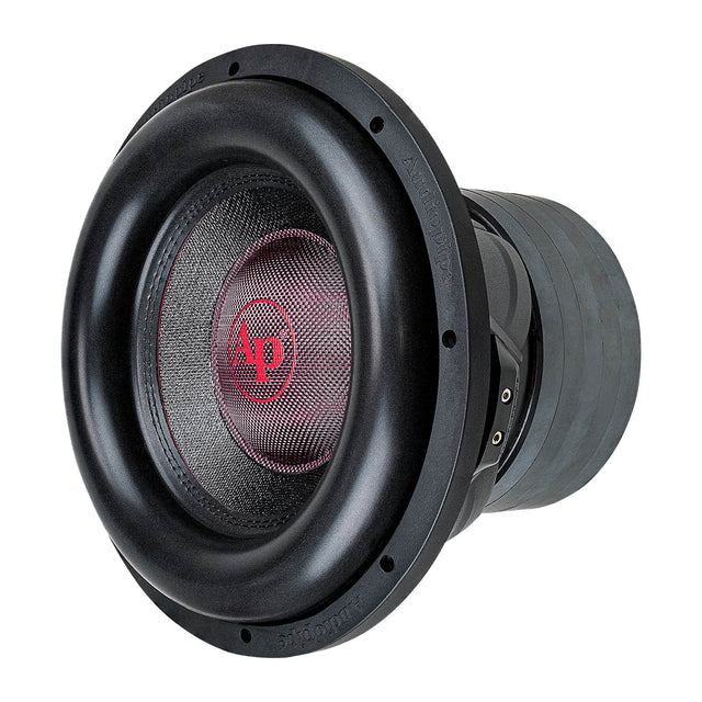 Audiopipe 12-inch subwoofer angled view with black frame and red center logo