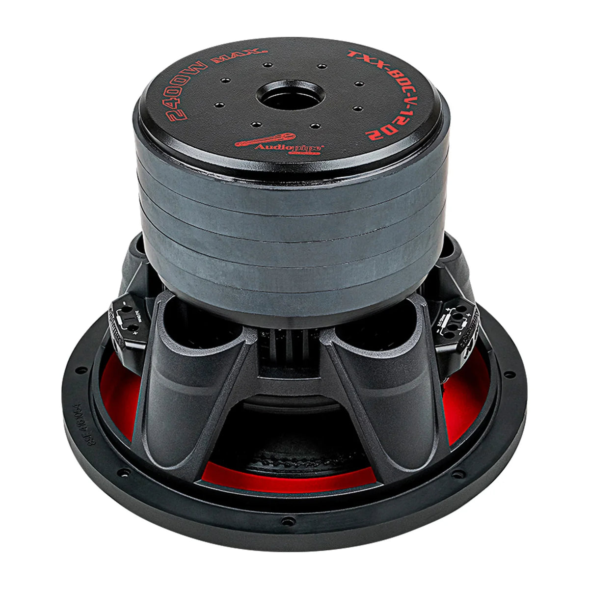 Audiopipe 12-inch subwoofer top view with ported basket and red internal accents