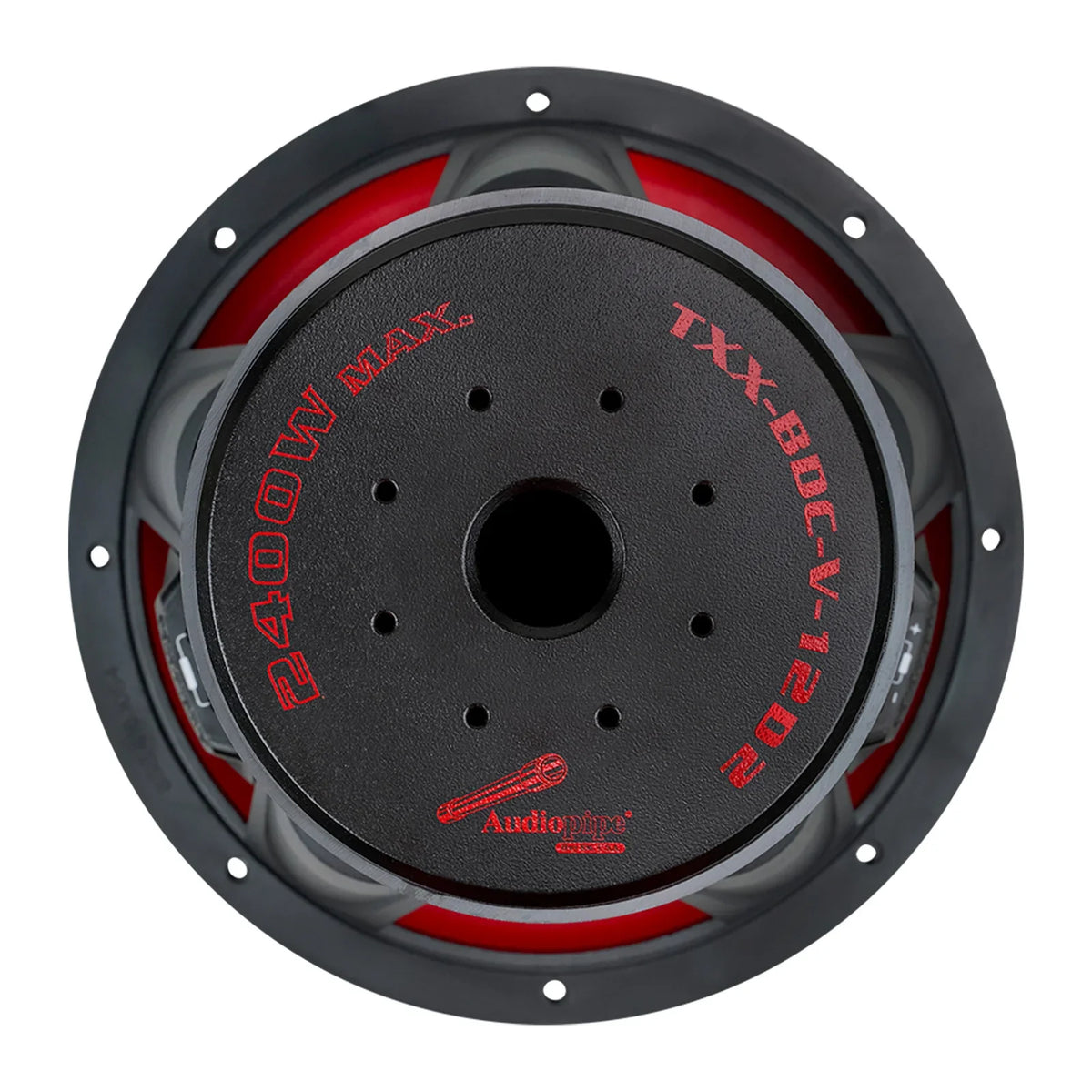 Audiopipe 12-inch subwoofer backplate with red terminal markings and black grille