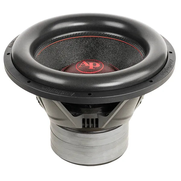 15-inch subwoofer driver with black surround, red mesh dust cap, AP mark