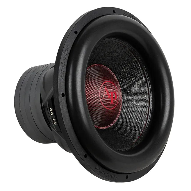 15-inch subwoofer driver, black cone with red AP logo and mounting screw holes