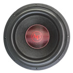 15-inch DVC subwoofer with black grille, red inner ring, and AP logo