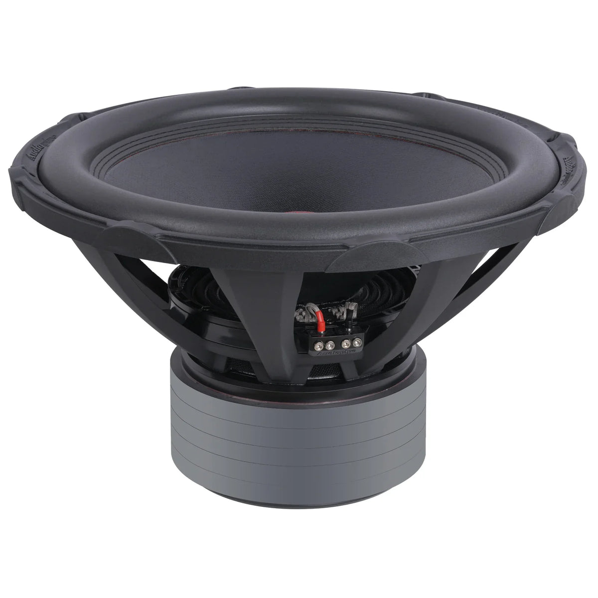 18-inch subwoofer with black basket, exposed terminals, and red accent surround