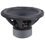18-inch subwoofer with black basket, exposed terminals, and red accent surround
