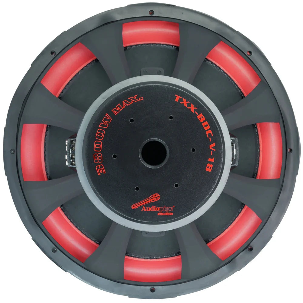 18-inch subwoofer back view with black frame and red cone segments