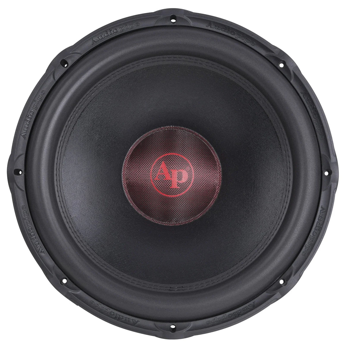 18-inch subwoofer driver with black cone, red dust cap, and AP logo