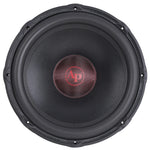 18-inch subwoofer driver with black cone, red dust cap, and AP logo