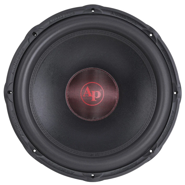 18-inch subwoofer driver with black cone, red dust cap, and AP logo