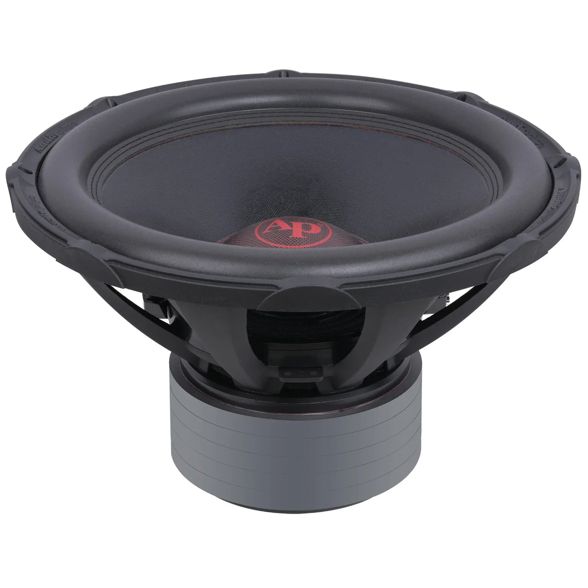 18-inch subwoofer with black mounting basket and red center dust cap, top view