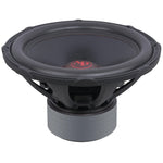 18-inch subwoofer with black mounting basket and red center dust cap, top view