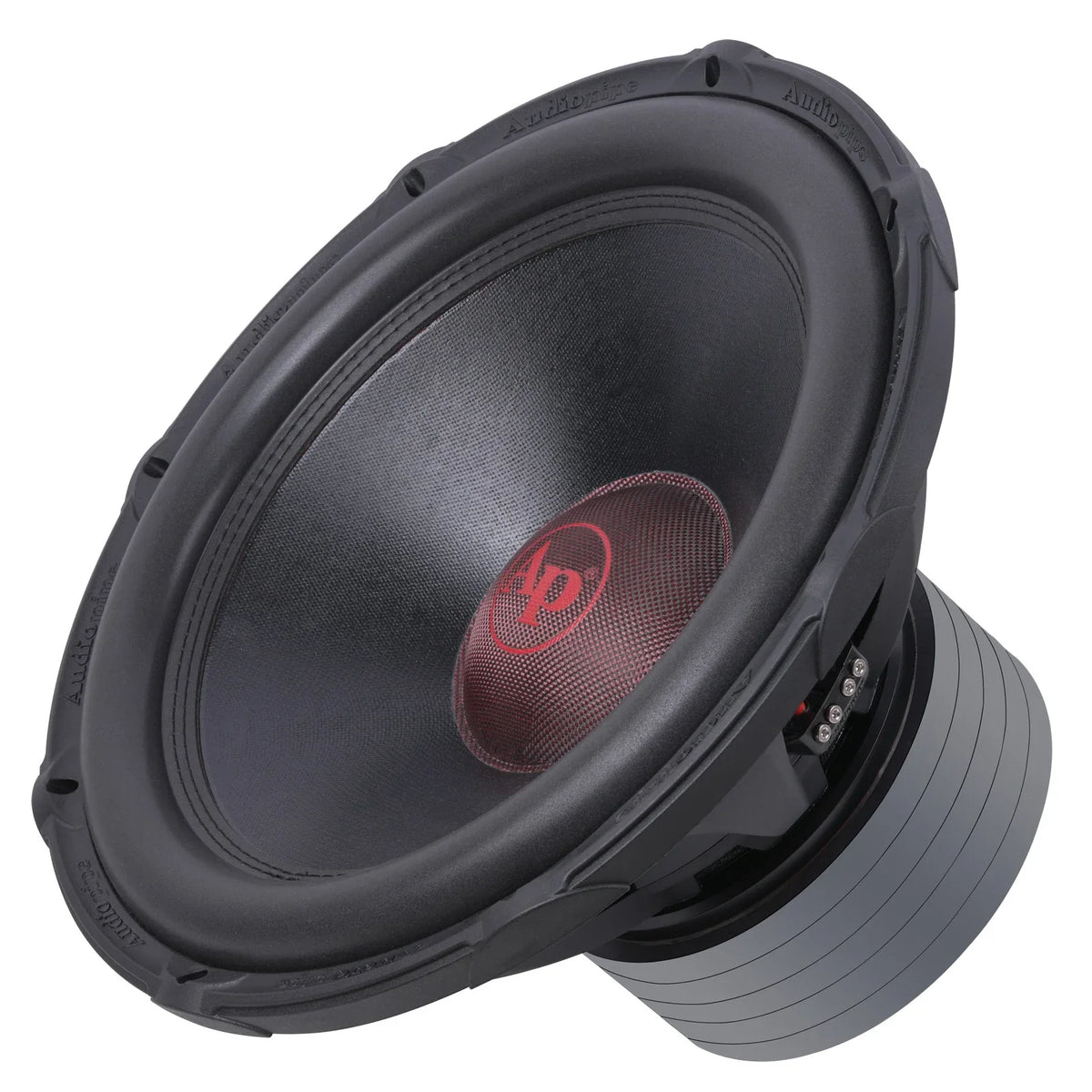 18-inch subwoofer with black basket and red dust cap, side angle view