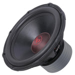 18-inch subwoofer with black basket and red dust cap, side angle view