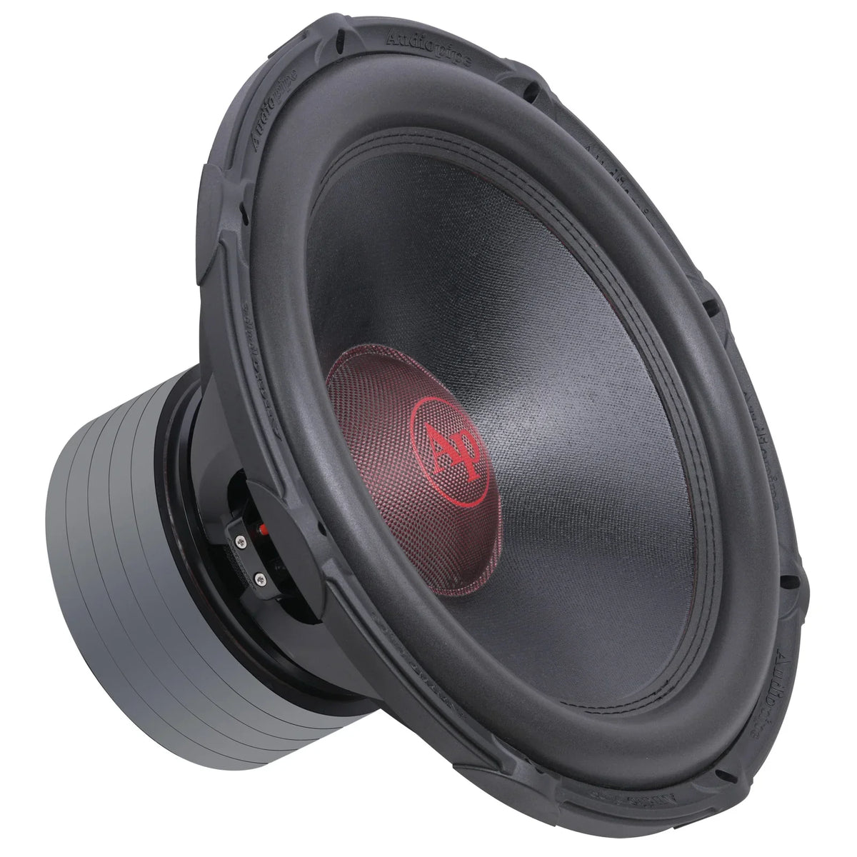 18-inch car subwoofer with black frame and red center dust cap, AP logo