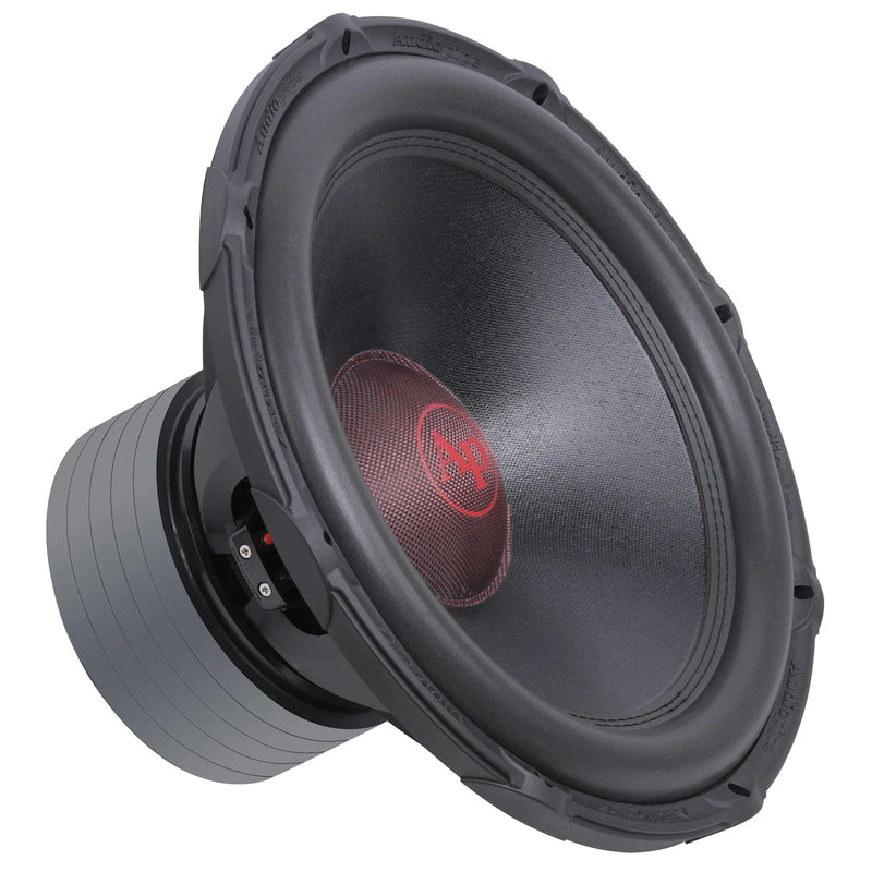 18-inch car subwoofer with black frame and red center dust cap, AP logo
