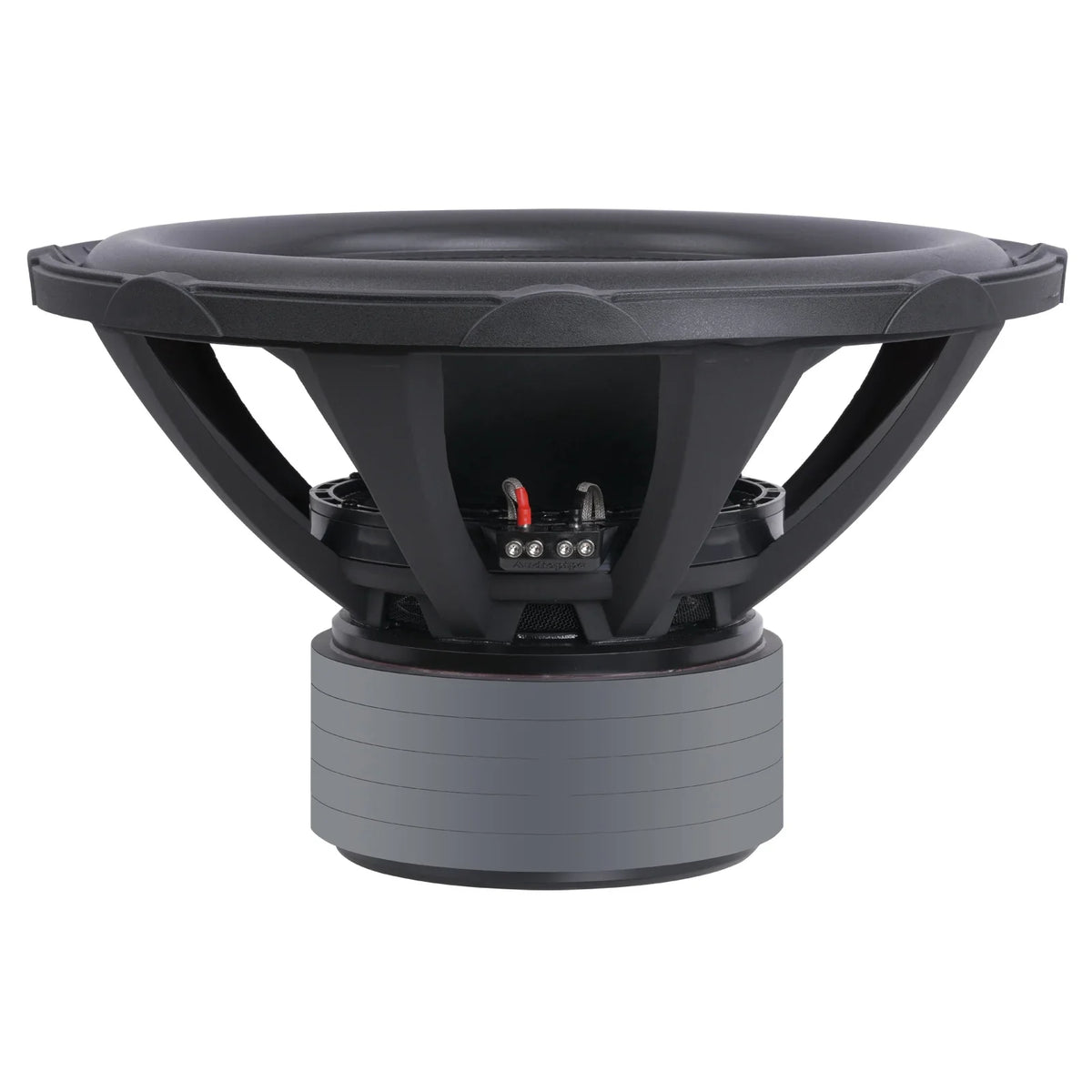 18-inch subwoofer rear view with exposed terminals and black mounting basket
