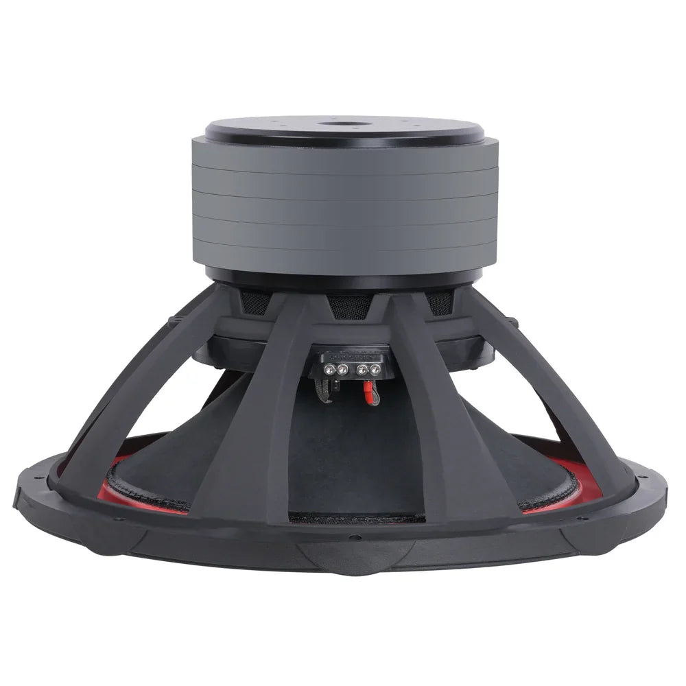 18-inch subwoofer rear view with grey top plate, terminals, and red surround
