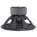 18-inch subwoofer rear view with grey top plate, terminals, and red surround