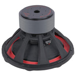 18-inch subwoofer rear view with grey top plate, red surround, and wiring terminals