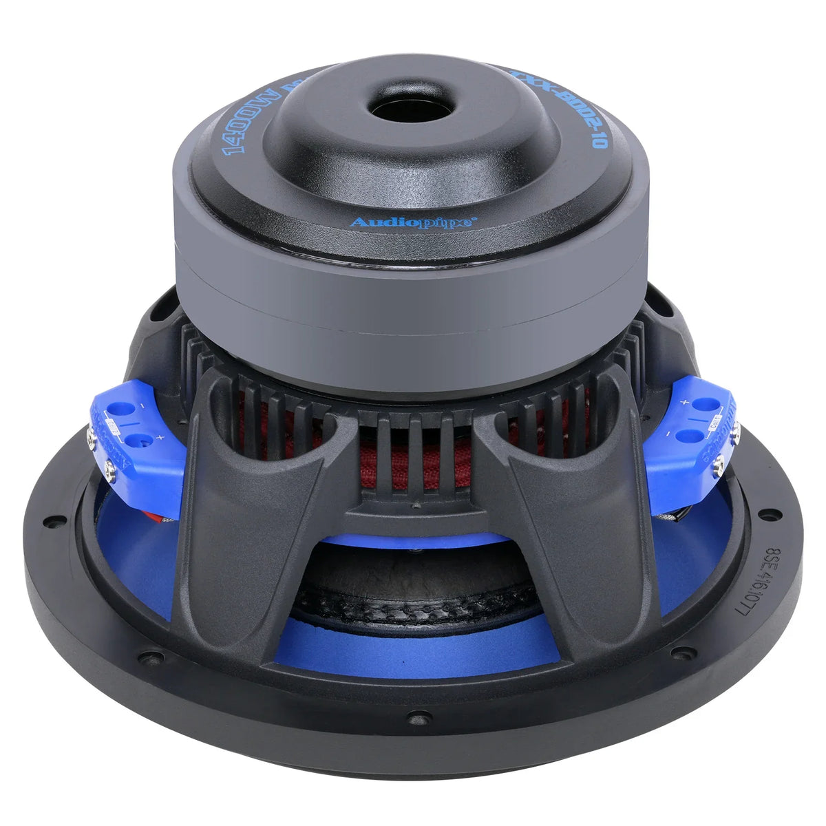 Rear view of 10-inch subwoofer with blue ring and vented black cooling structure