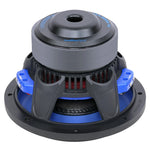 Rear view of 10-inch subwoofer with blue ring and vented black cooling structure