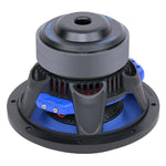 Rear view of 10-inch subwoofer with blue terminals and visible internal wiring