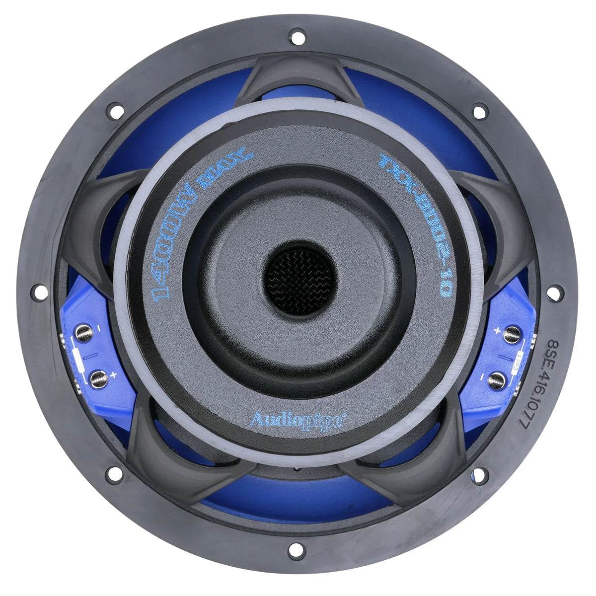 Front view of 10-inch subwoofer with black cone, blue accents, and Audiopipe label