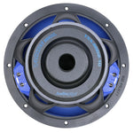 Front view of 10-inch subwoofer with black cone, blue accents, and Audiopipe label