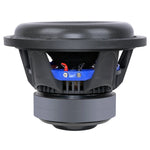 10-inch subwoofer viewed from the rear, showing blue terminal plate and wiring