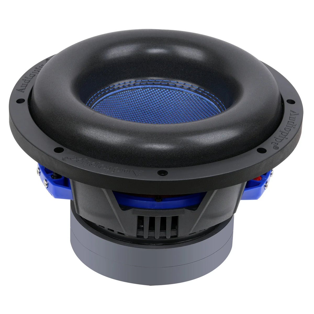 10-inch subwoofer showing black cone surround and blue driver components