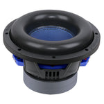 10-inch subwoofer showing black cone surround and blue driver components