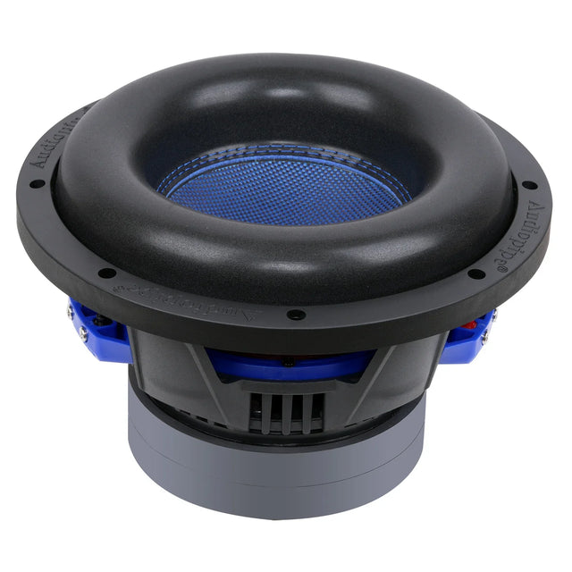 10-inch subwoofer showing black cone surround and blue driver components