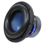 10-inch black subwoofer cone with blue mesh and blue motor assembly visible