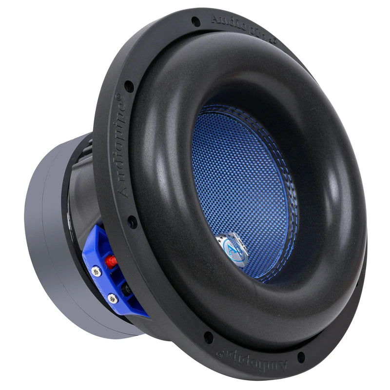 10-inch Audiopipe dual voice coil subwoofer with blue mesh center and black surround