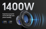 Audiopipe 10-inch subwoofer marketing graphic: 1400W power with blue illuminated cone
