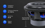 Double-stack subwoofer driver with blue cone, grey basket, and black magnet assembly