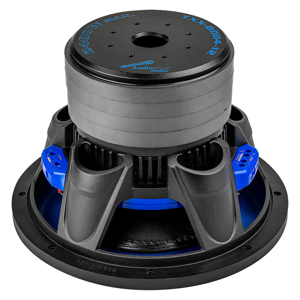 Audiopipe 12-inch subwoofer driver with blue suspension and black basket