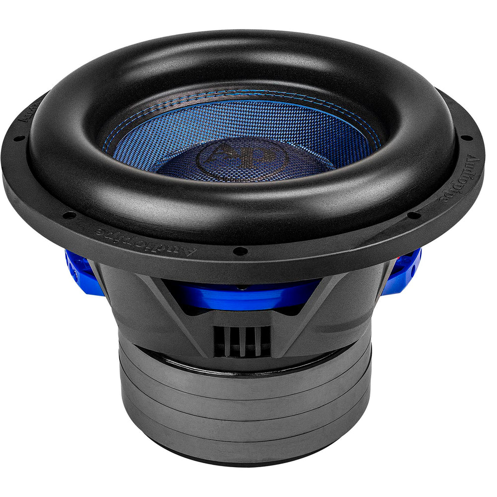12-inch Audiopipe DVC subwoofer with black frame and blue speaker surround