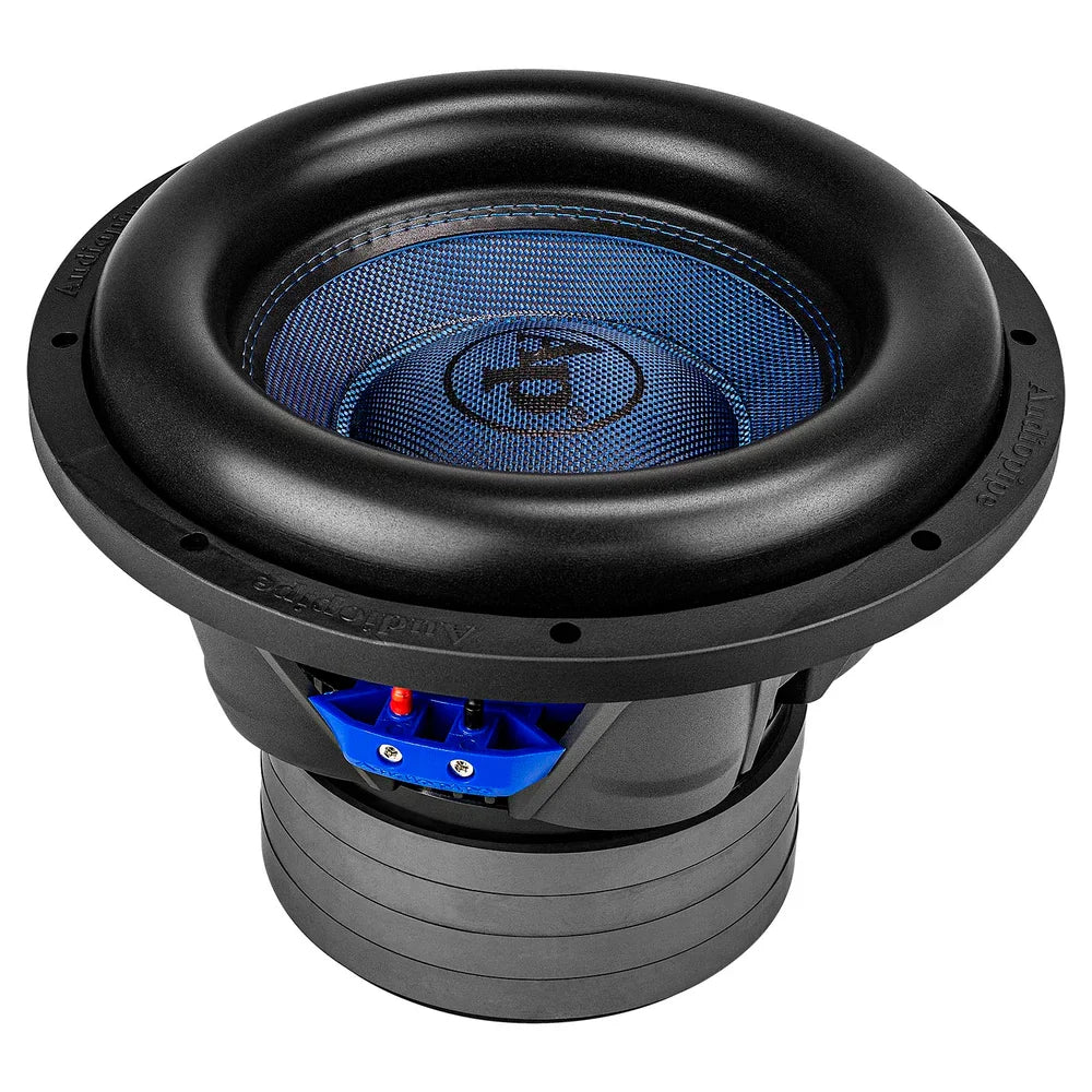 12-inch Audiopipe DVC subwoofer showing black cone and blue center cover
