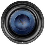 Black 12-inch Audiopipe subwoofer with blue cone center and mounting screw holes