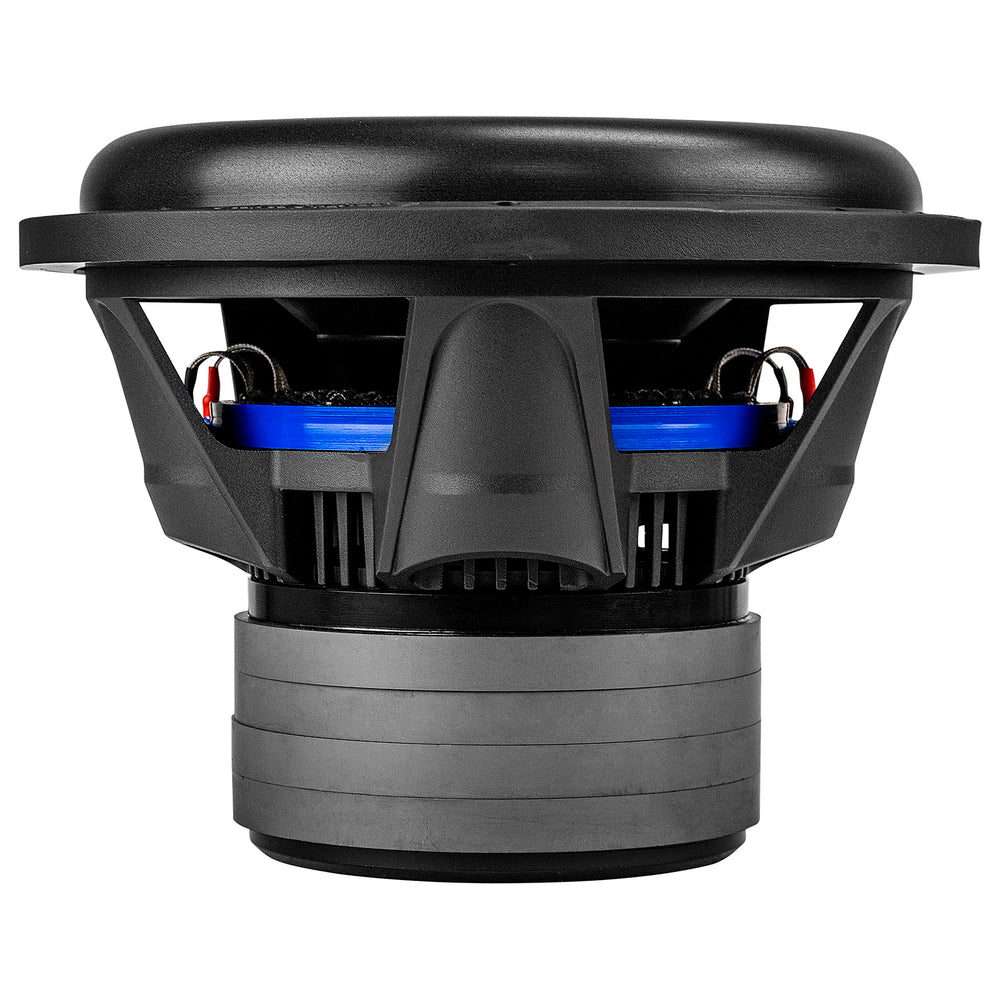 Audiopipe subwoofer side view with black basket and visible wiring terminals