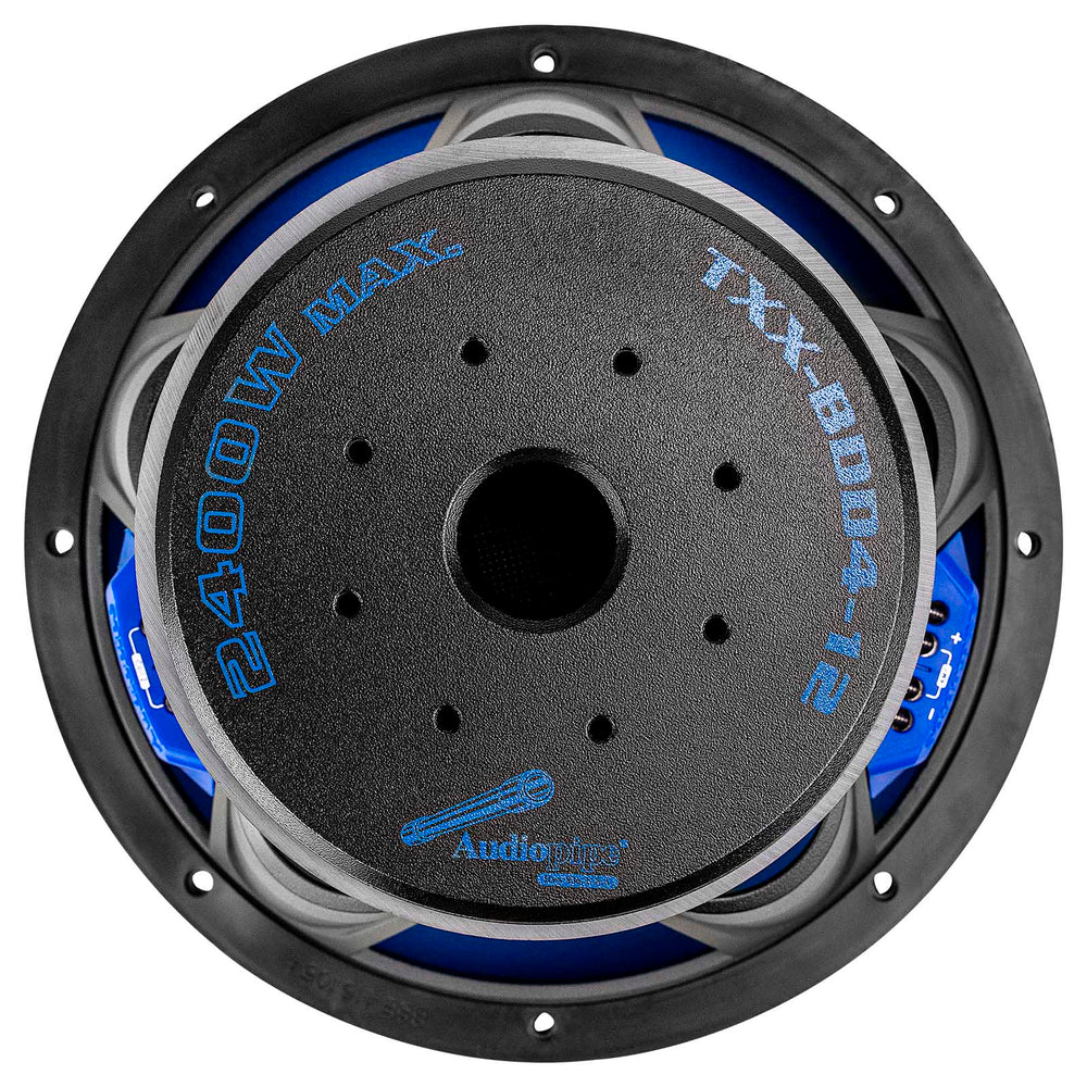 12-inch Audiopipe subwoofer rear view with blue surround and speaker terminals